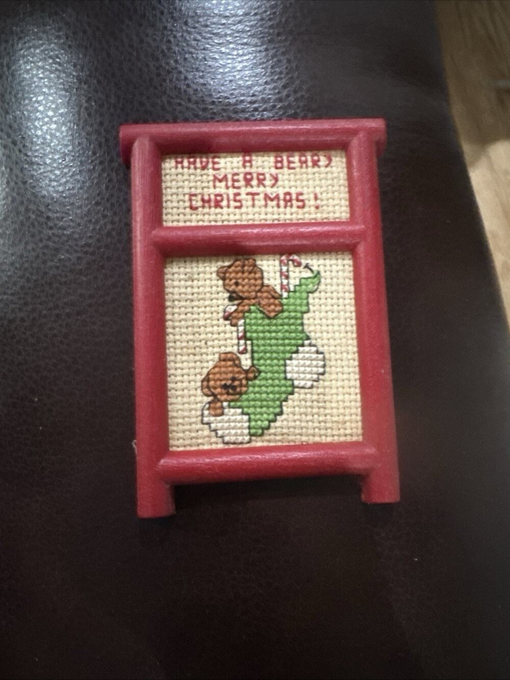 Mini Christmas Cross Stitch Teddy Bears “Have a Beary Merry Christmas” Red Frame